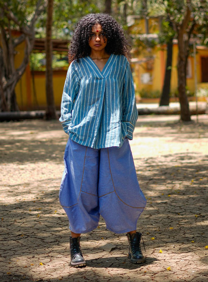 Blue Handloom Cotton Raabta Top and Pants Co-Ord Set