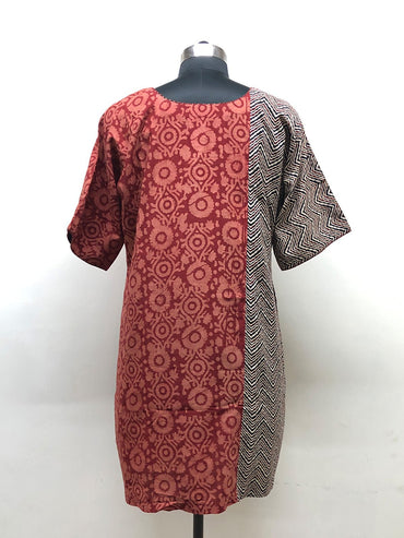 Red half and half Block Printed dress - Prathaa - weaving traditions