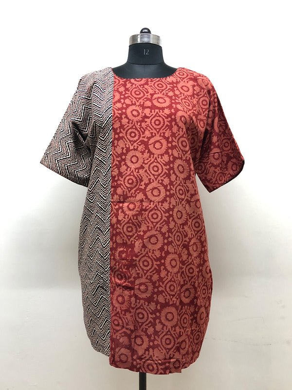 Red half and half Block Printed dress - Prathaa - weaving traditions