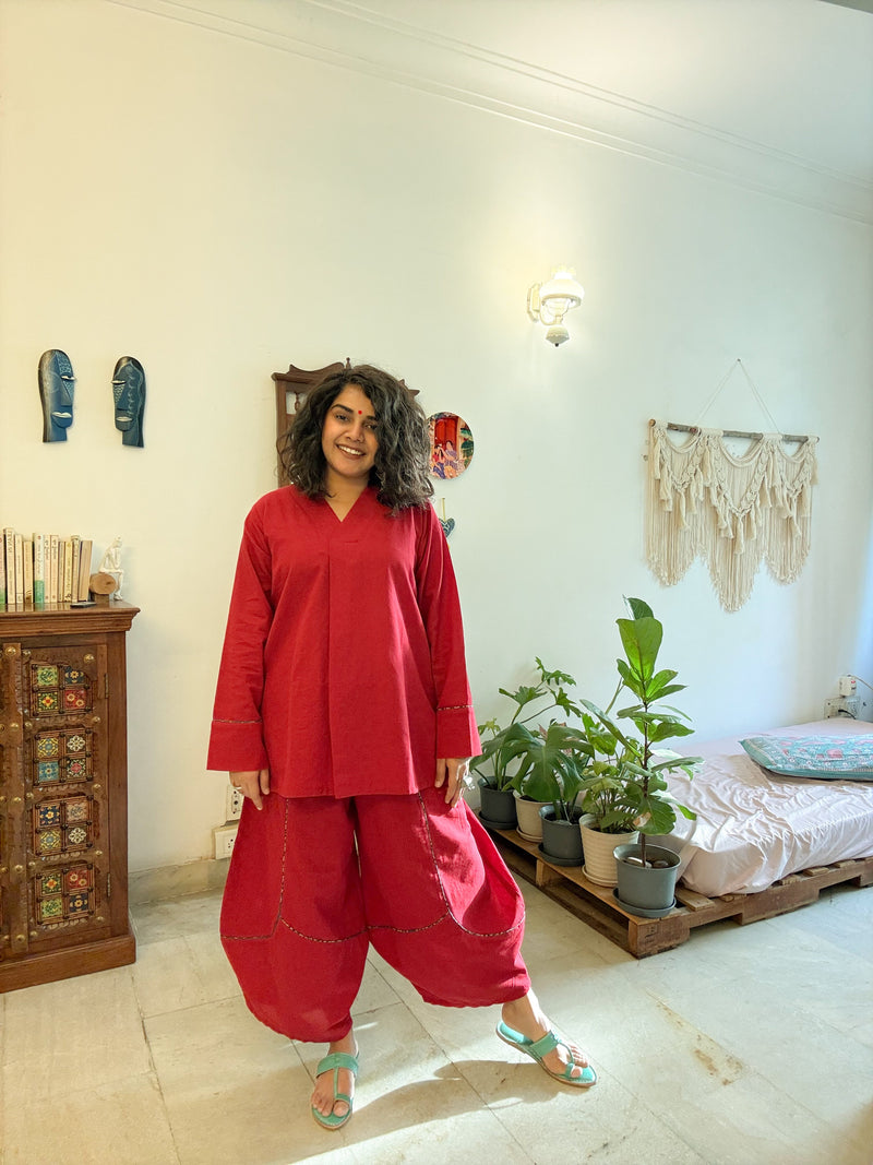 Red Handloom Cotton Top and Pants Co-Ord Set from Prathaa