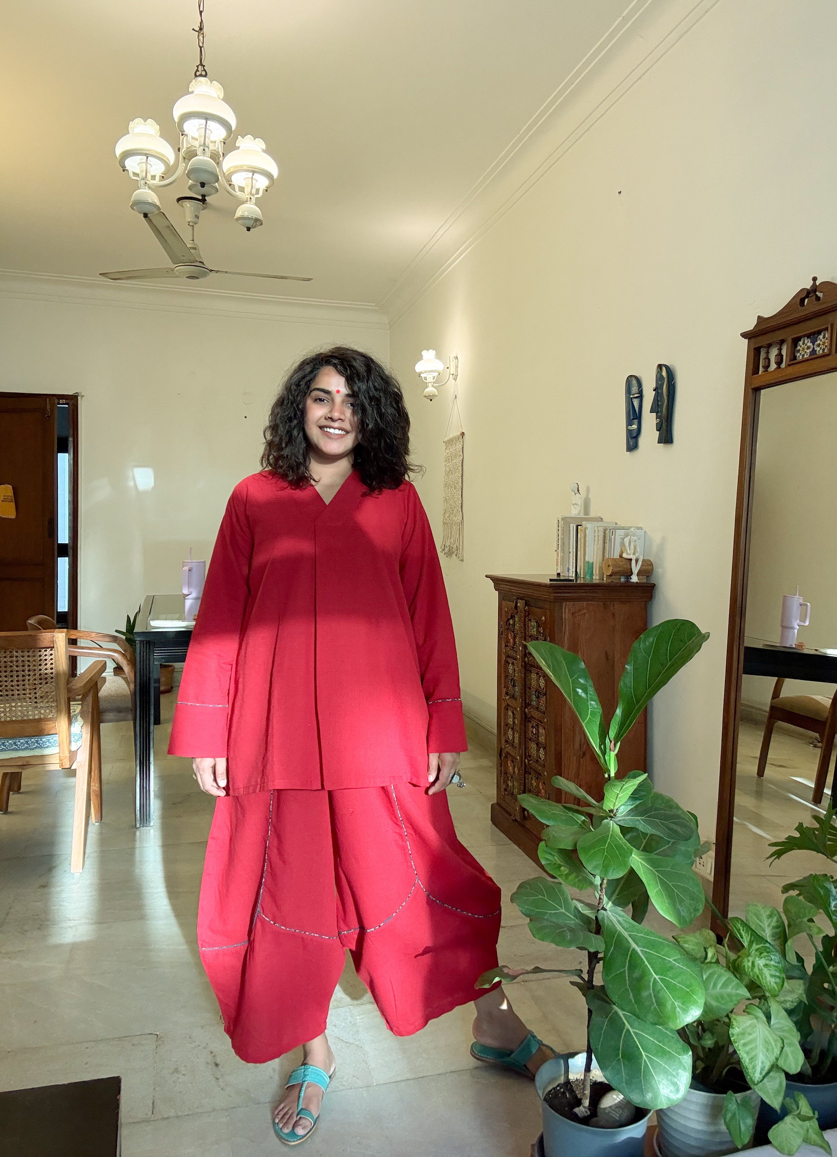 RED Handloom Cotton Top and Pants Co - Ord Set - Prathaa - weaving traditions