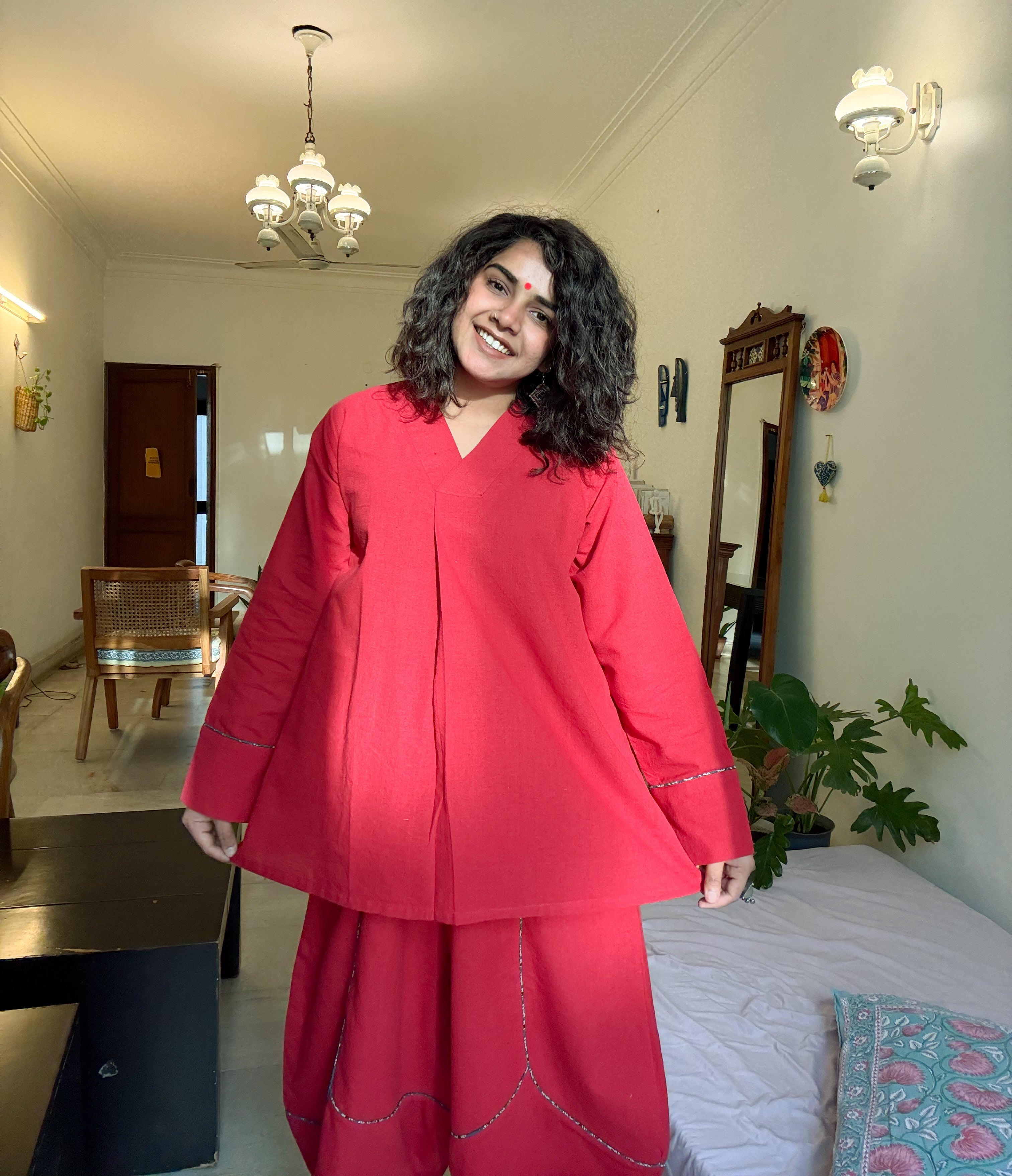 RED Handloom Cotton Top and Pants Co - Ord Set - Prathaa - weaving traditions