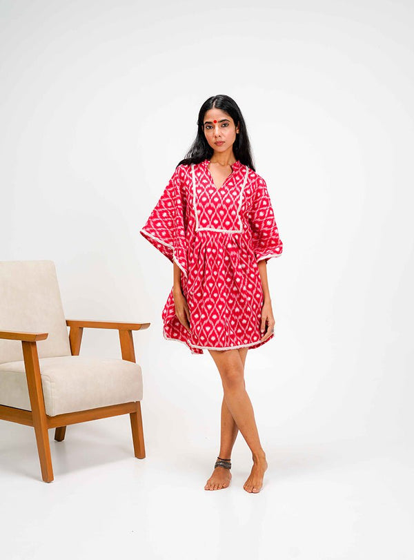 Red Ikat Kaftan Dress/Top - Prathaa - weaving traditions