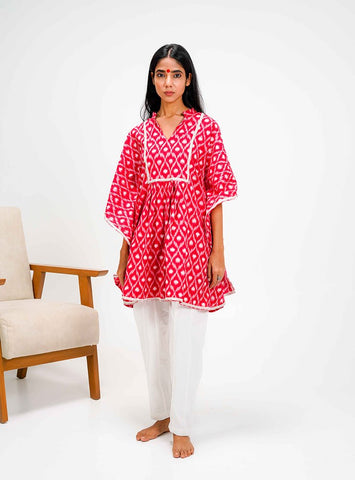 Red Ikat Kaftan Dress/Top - Prathaa - weaving traditions