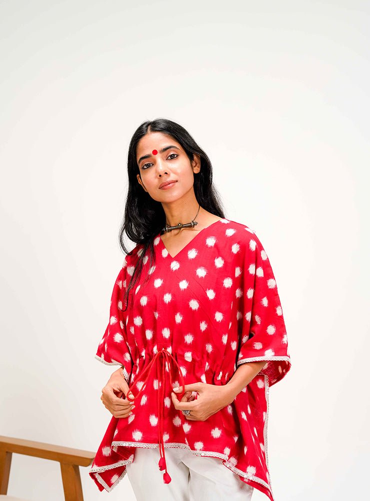 Red Ikat Kaftan Top - Prathaa - weaving traditions