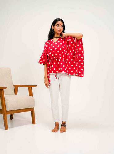 Red Ikat Kaftan Top - Prathaa - weaving traditions