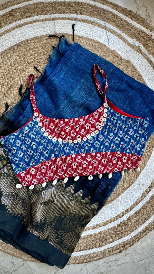 Red Indigo block print spaghetti blouse - Prathaa - weaving traditions