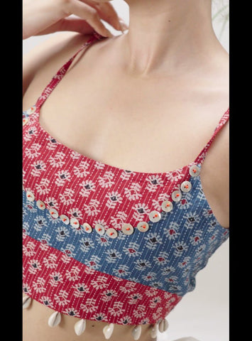 Red Indigo Block Print Spaghetti Blouse - Prathaa - weaving traditions