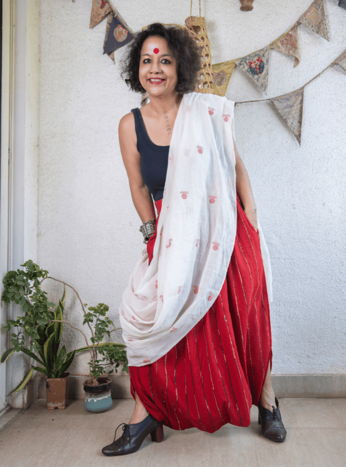 Red Khesh Cotton Bindi Dhoti Saree from Prathaa, styled for Navami