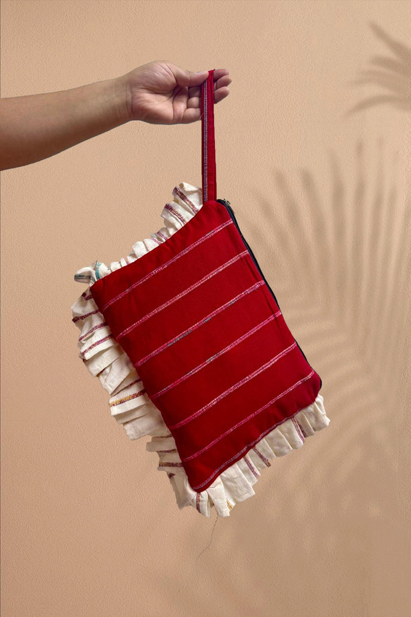 Red Khesh Cotton Frill Pouch Bag from Prathaa
