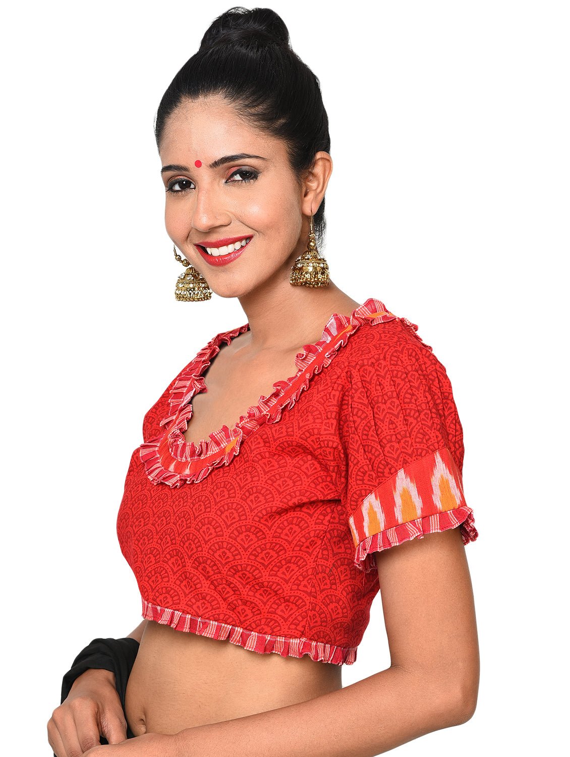 Red Khesh Traditional Puff (Ghoti) Blouse With Frills - Prathaa - weaving traditions