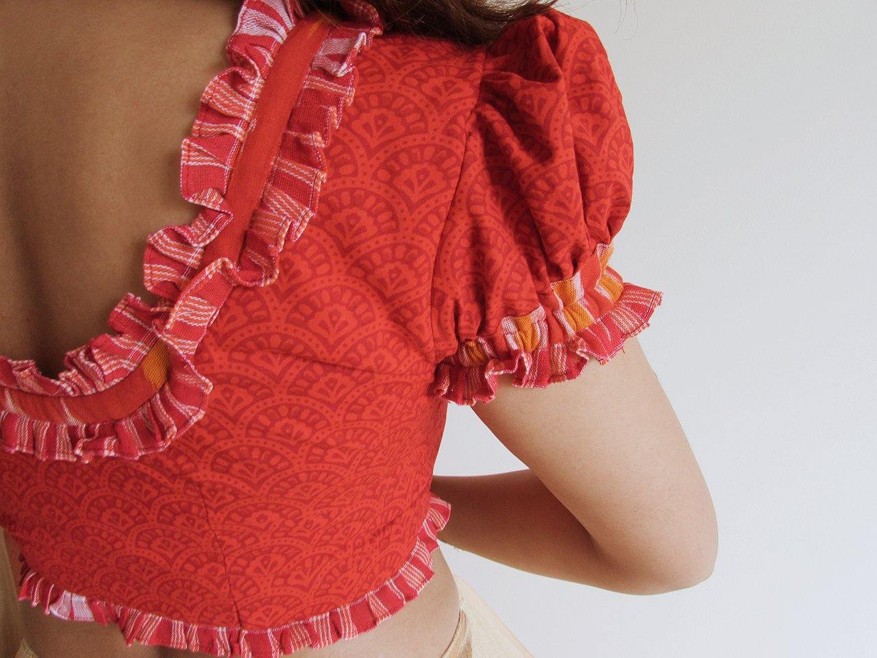 Red Khesh Traditional Puff (Ghoti) Blouse With Frills - Prathaa - weaving traditions