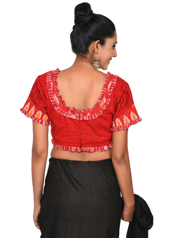 Red Khesh Traditional Puff (Ghoti) Blouse With Frills - Prathaa - weaving traditions