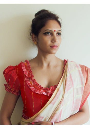 Red Khesh Traditional Puff (Ghoti) Blouse With Frills - Prathaa - weaving traditions