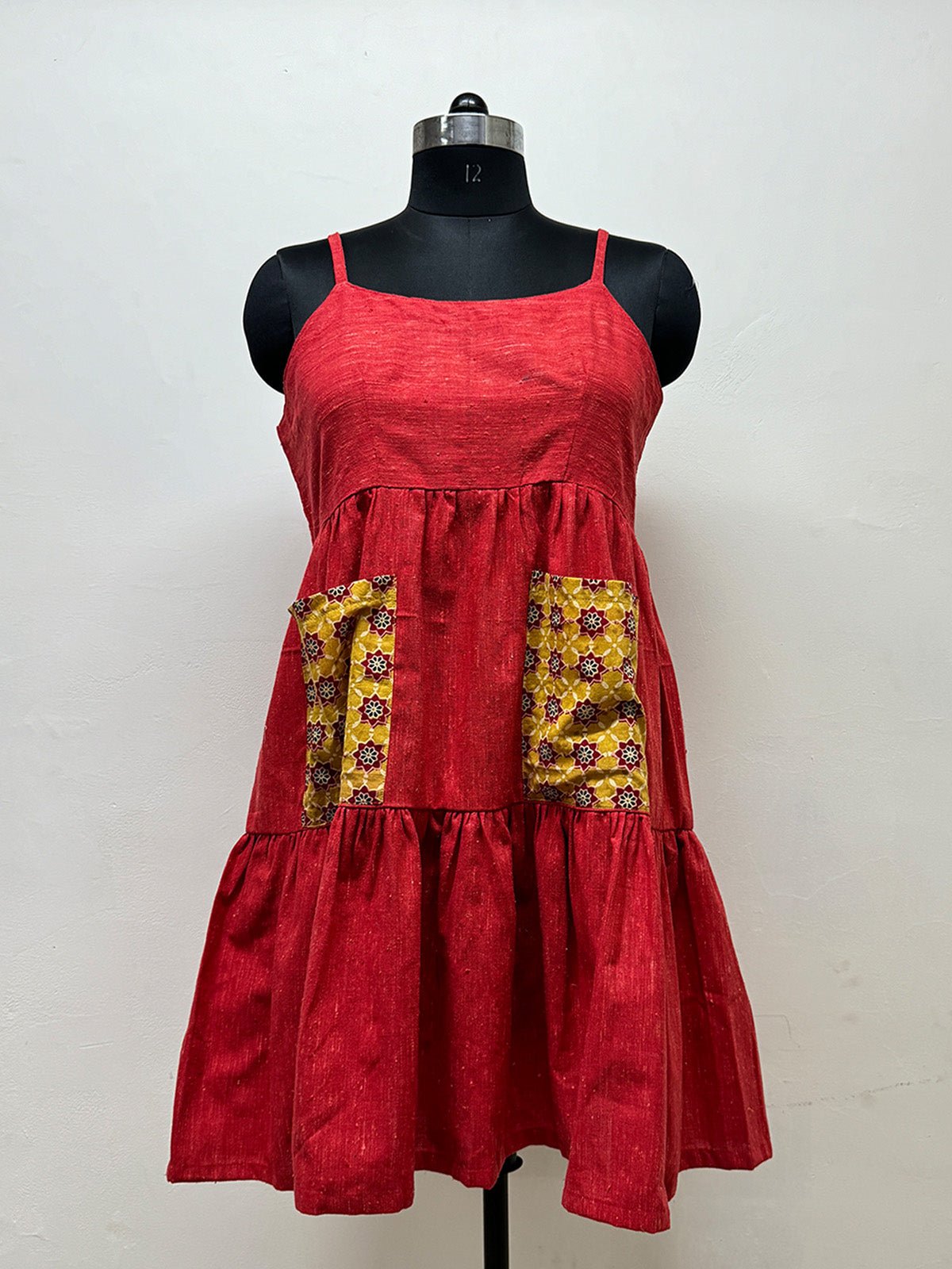 Red Tier Dress with patch pockets - Prathaa - weaving traditions