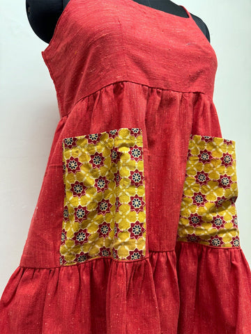 Red Tier Dress with patch pockets - Prathaa - weaving traditions