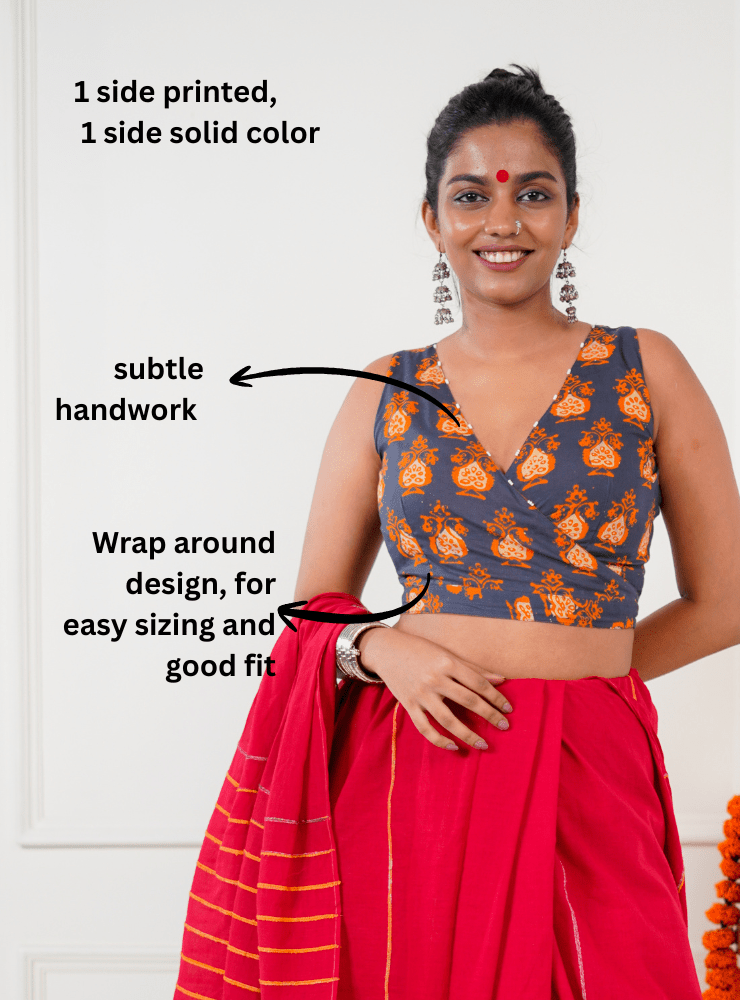 Reversible Wrap Around Blouse - Orange & Printed - Prathaa - weaving traditions