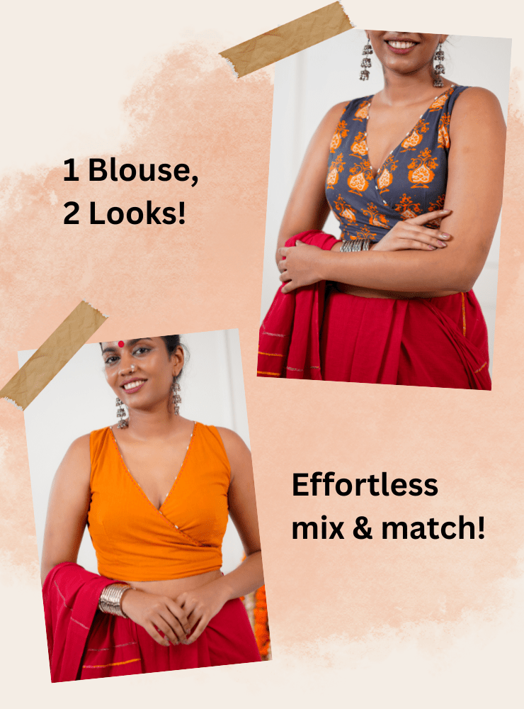 Reversible Wrap Around Blouse - Orange & Printed - Prathaa - weaving traditions