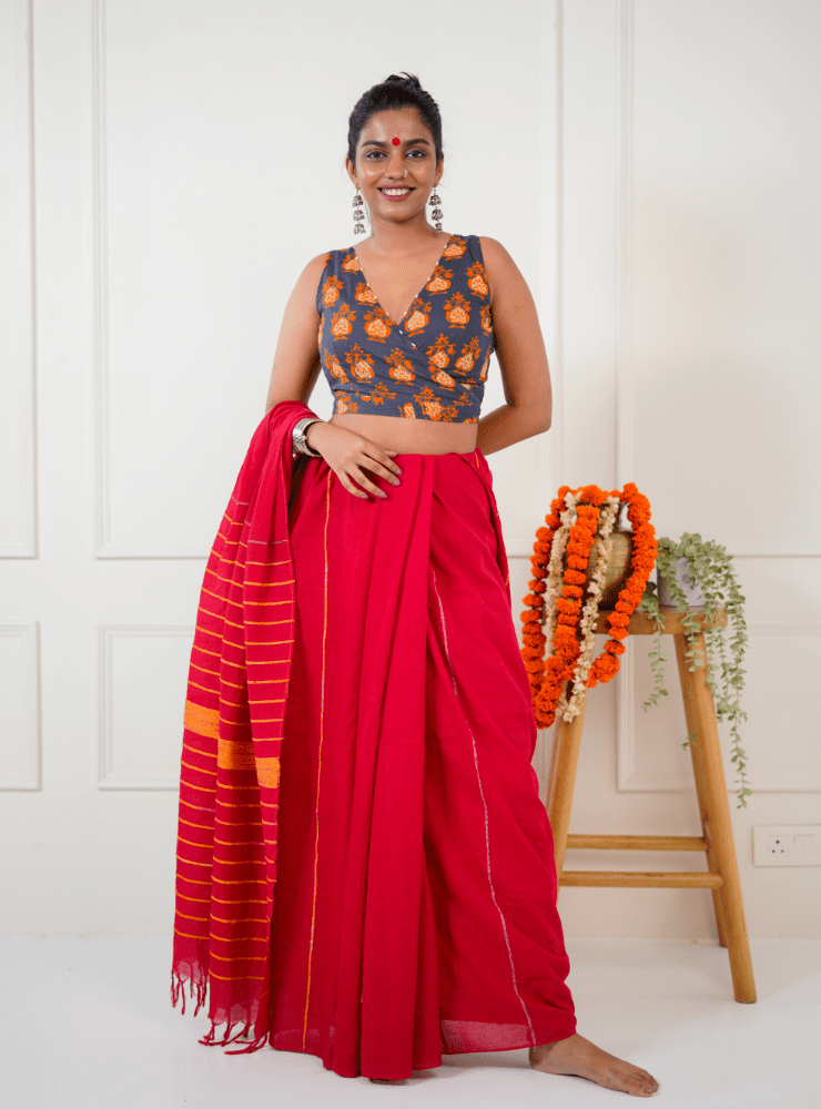 Reversible Wrap Around Blouse - Orange & Printed - Prathaa - weaving traditions