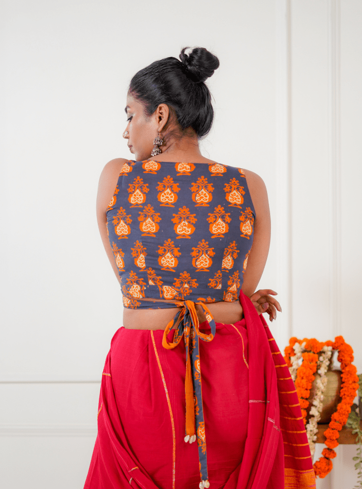 Reversible Wrap Around Blouse - Orange & Printed - Prathaa - weaving traditions