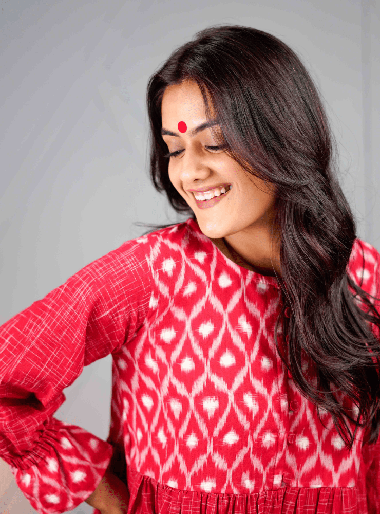 Rose Dress | Handloom Ikat Knee - Length Frill Dress - Prathaa - weaving traditions