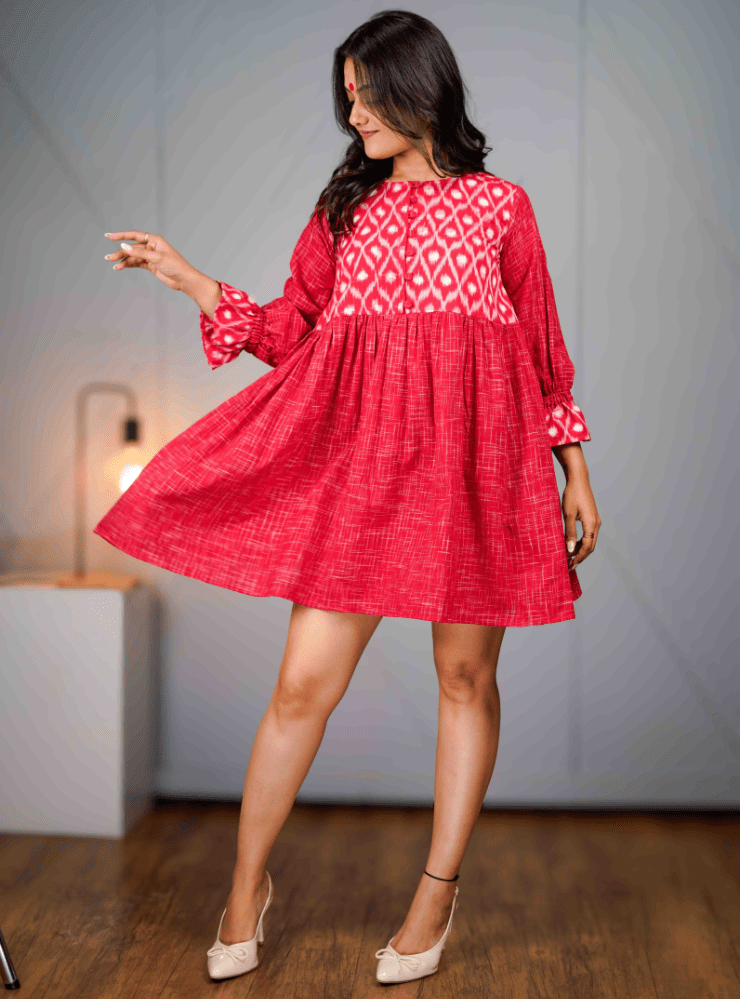 Rose Dress | Handloom Ikat Knee - Length Frill Dress - Prathaa - weaving traditions
