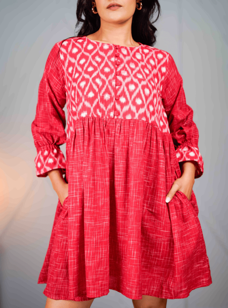 Rose Dress | Handloom Ikat Knee - Length Frill Dress - Prathaa - weaving traditions