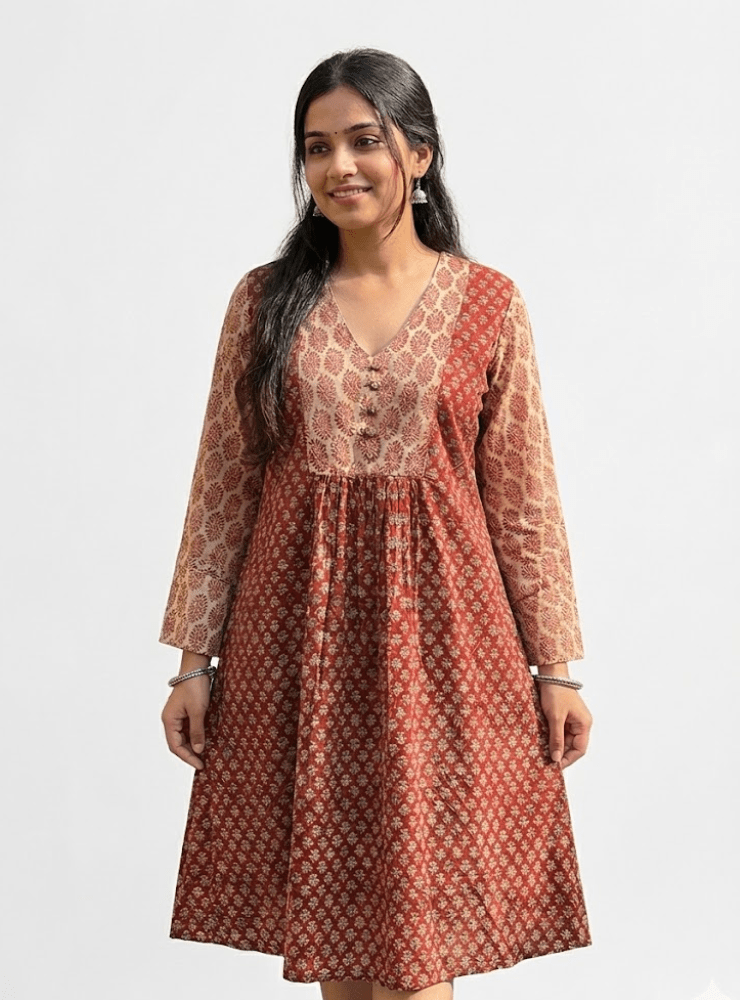Rust Cotton Tunic Dress - Prathaa - weaving traditions