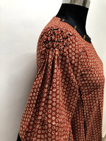 Rust Cotton Tunic with Khesh borders and Smocking - Prathaa - weaving traditions