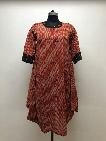 Rust Cotton Tunic with Khesh borders and Smocking - Prathaa - weaving traditions