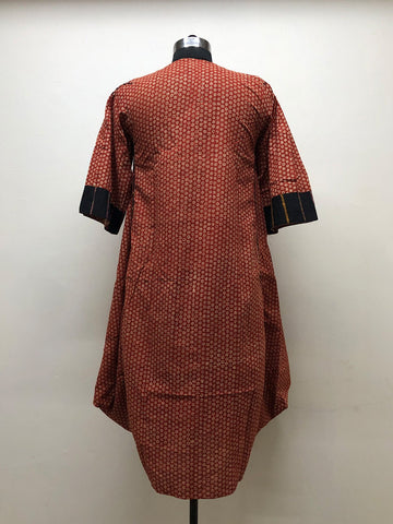 Rust Cotton Tunic with Khesh borders and Smocking - Prathaa - weaving traditions