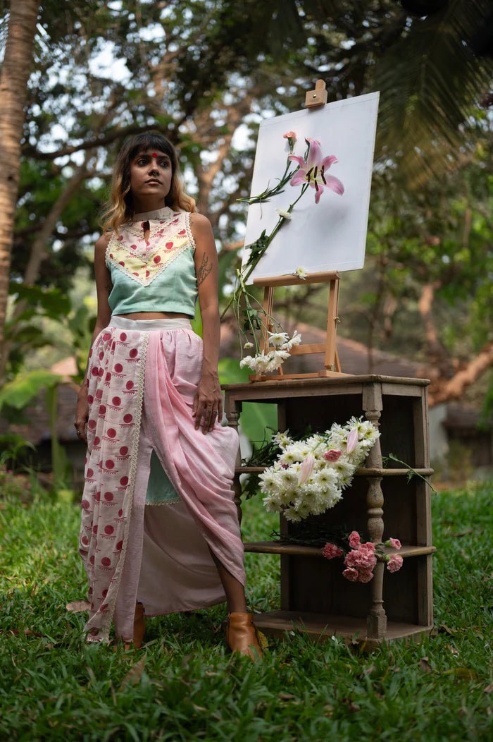 Set - In - cut Blouse with Dhoti Drape skirt - SNIGDHA - Prathaa - weaving traditions