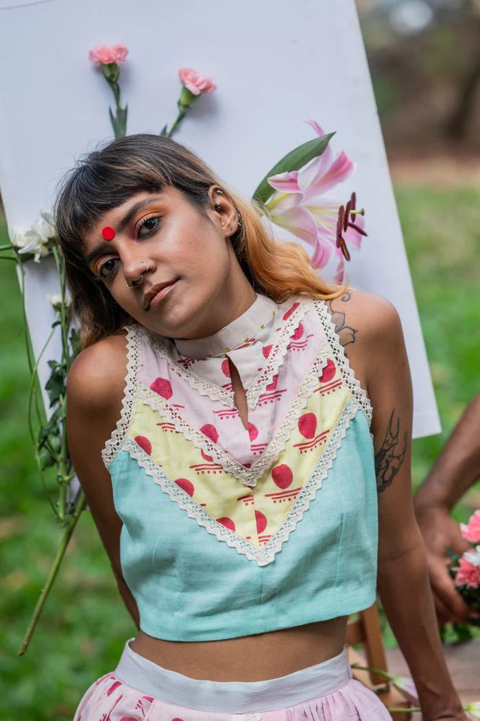 Set - In - cut Blouse with Dhoti Drape skirt - SNIGDHA - Prathaa - weaving traditions