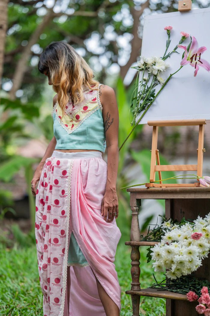Set - In - cut Blouse with Dhoti Drape skirt - SNIGDHA - Prathaa - weaving traditions