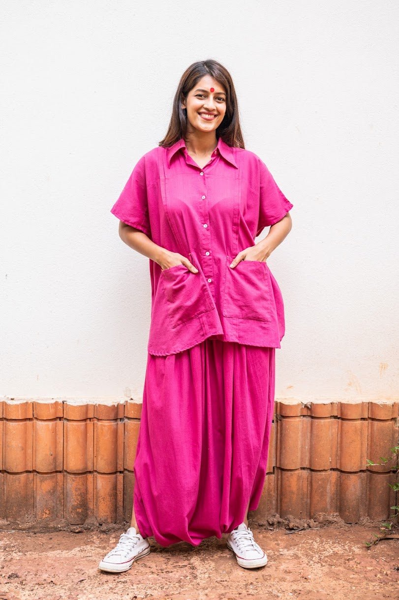 Set- Pink Mul Kaftan Dhoti - Prathaa - weaving traditions