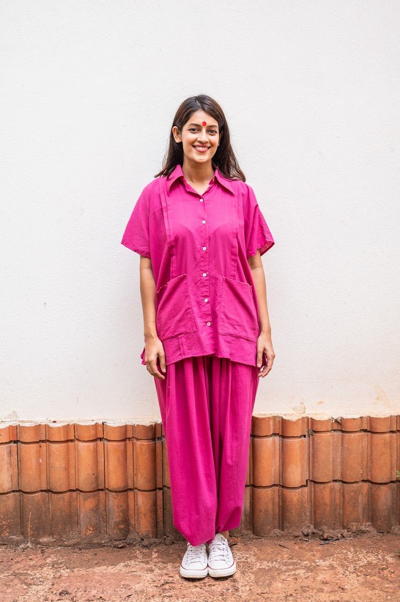 Set- Pink Mul Kaftan Dhoti - Prathaa - weaving traditions