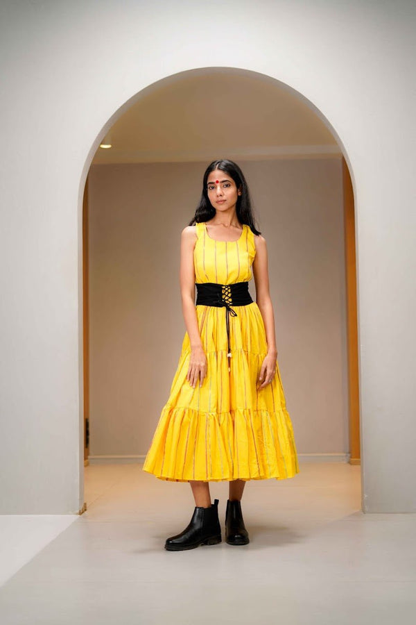 Sunshine Yellow Khesh Tier Dress - Prathaa - weaving traditions