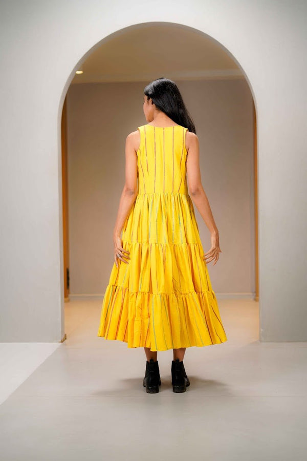 Sunshine Yellow Khesh Tier Dress - Prathaa - weaving traditions