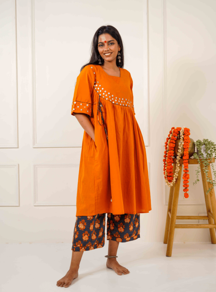 Taal Oorja Set - Burnt Orange Angrakha Tunic Dress & Grey Printed Pants - Prathaa - weaving traditions