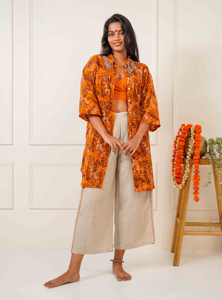 Taal Raag Set - Batik Printed Shirt Tunic & Beige Straight Pant - Prathaa - weaving traditions