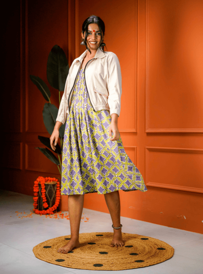 Printed Handloom Taal Raga Dress and Jacket Set from Prathaa, styled for Ganesh Chaturthi hosting and aarti