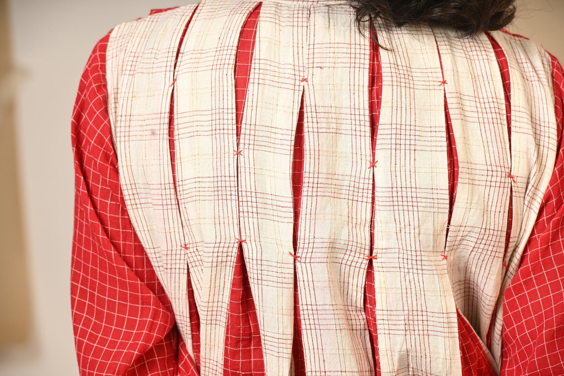 Red and Off-White Handloom Cotton Box Pleat Dress