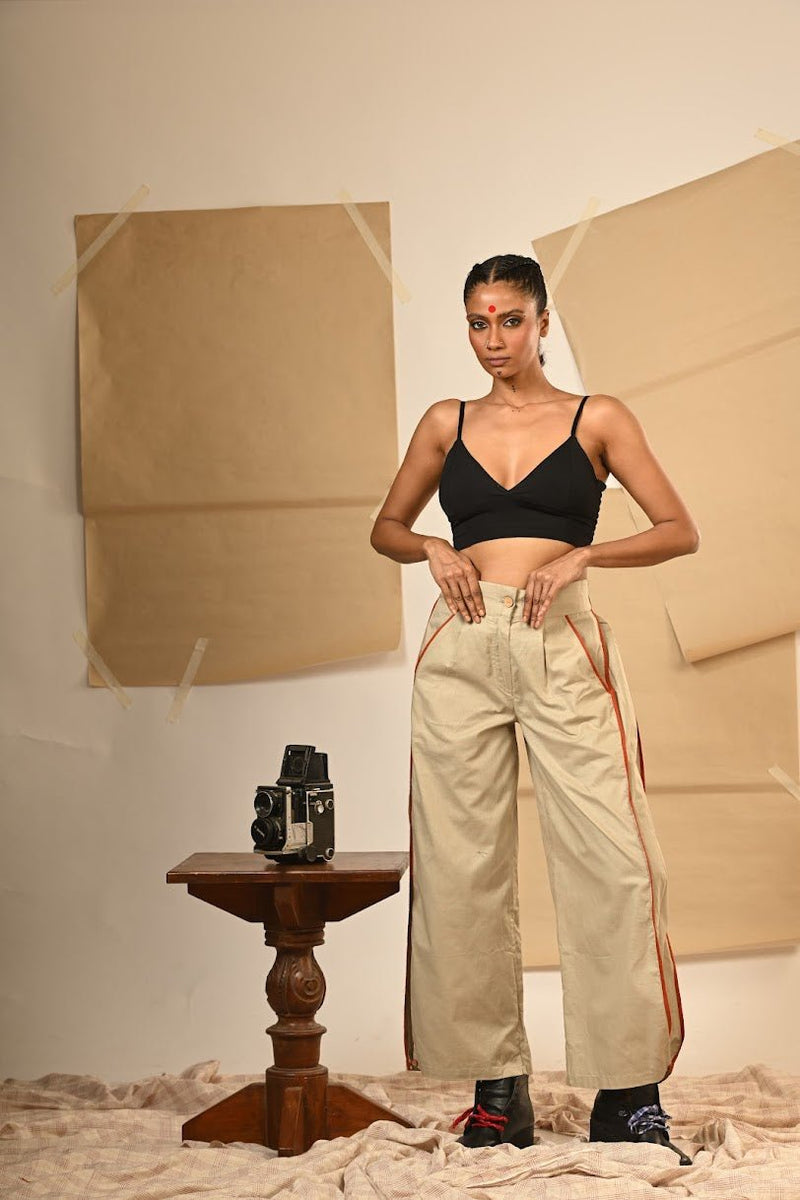 Beige Handloom Cotton Taana Baana Flared Pants image 4