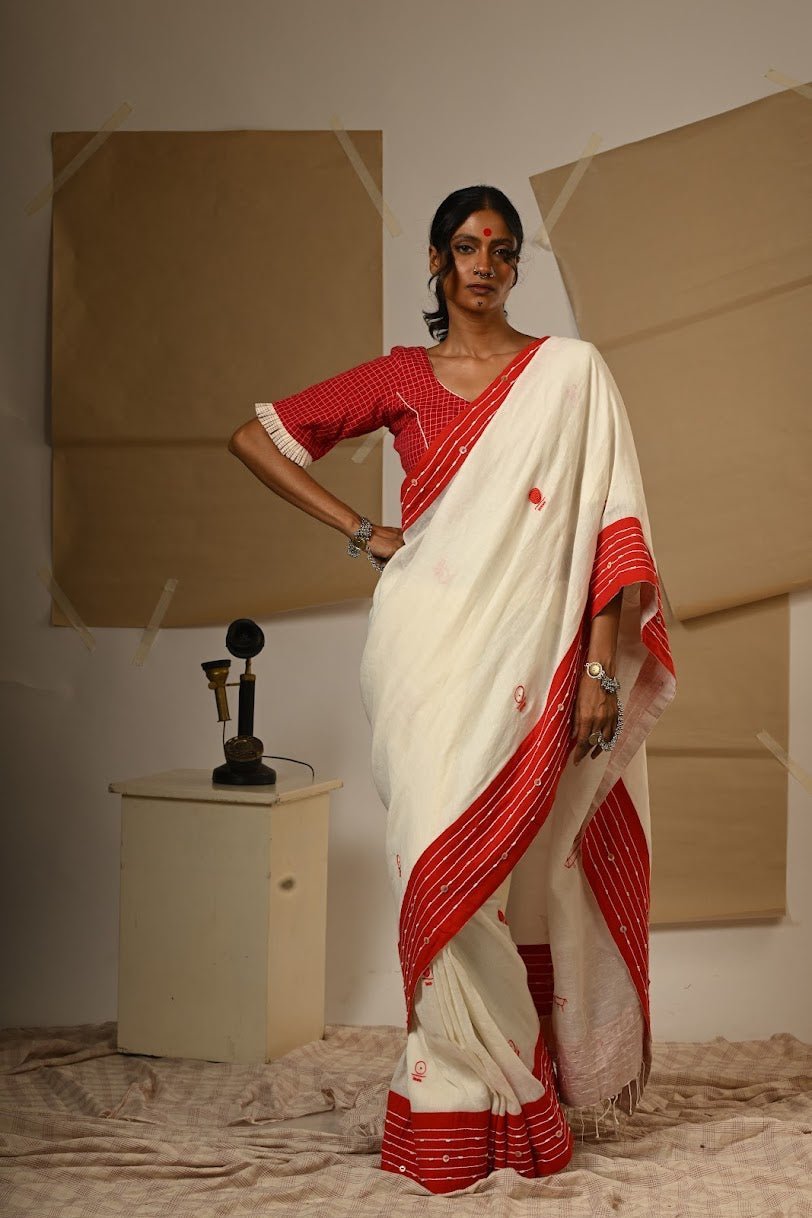 TB Shvet Saree - Linen - Prathaa - weaving traditions