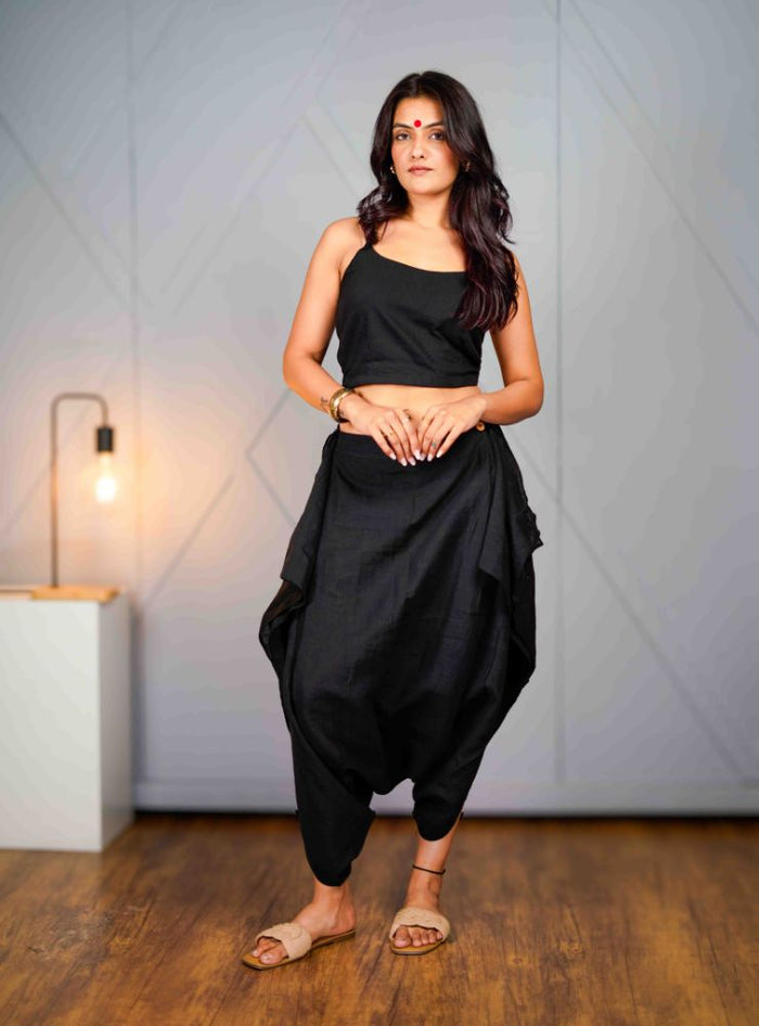 Black Handloom Cotton Asymmetric Draped Tula Pants