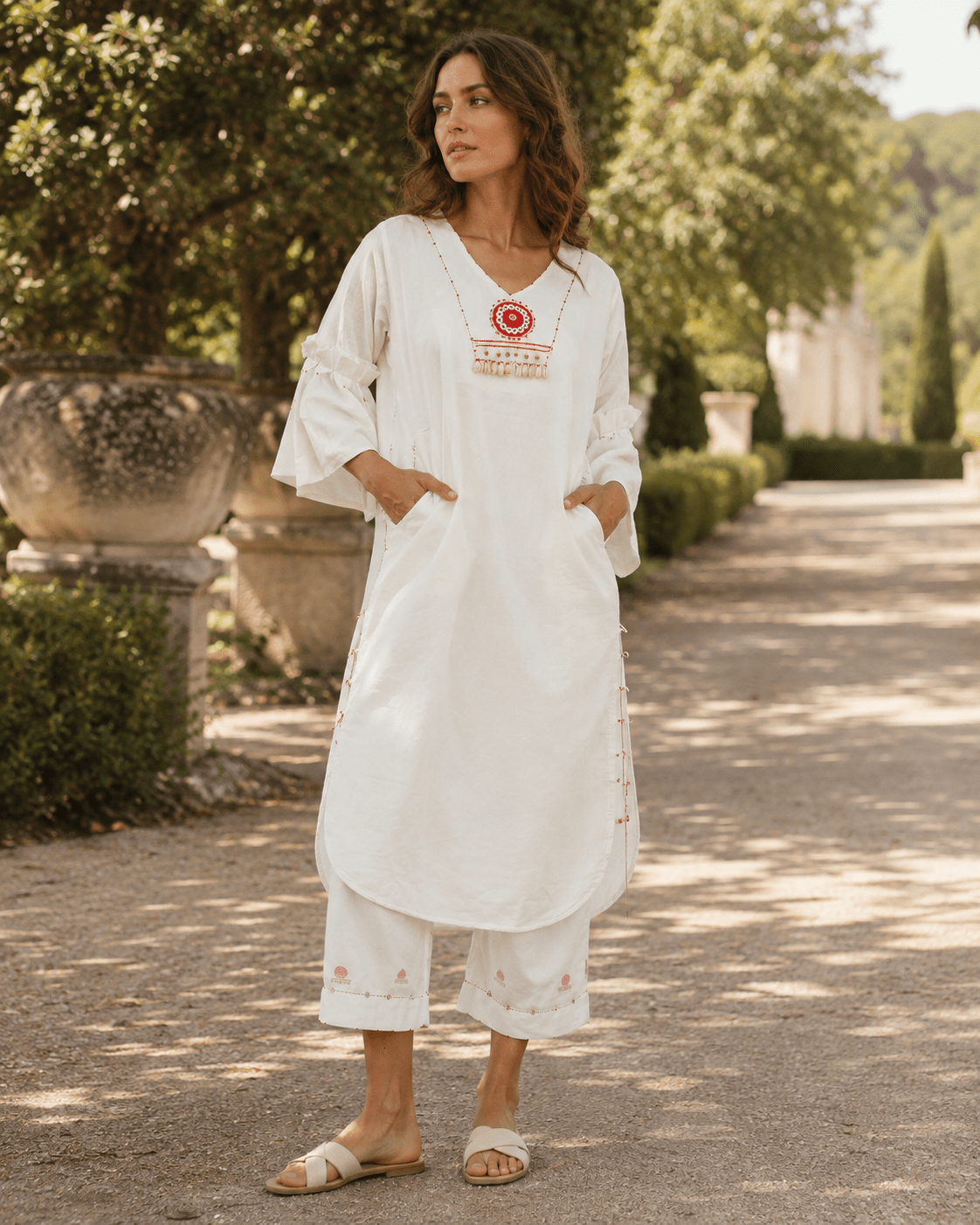 White Handloom Shvet Tunic and Flared Pants Set - Prathaa-weaving traditions