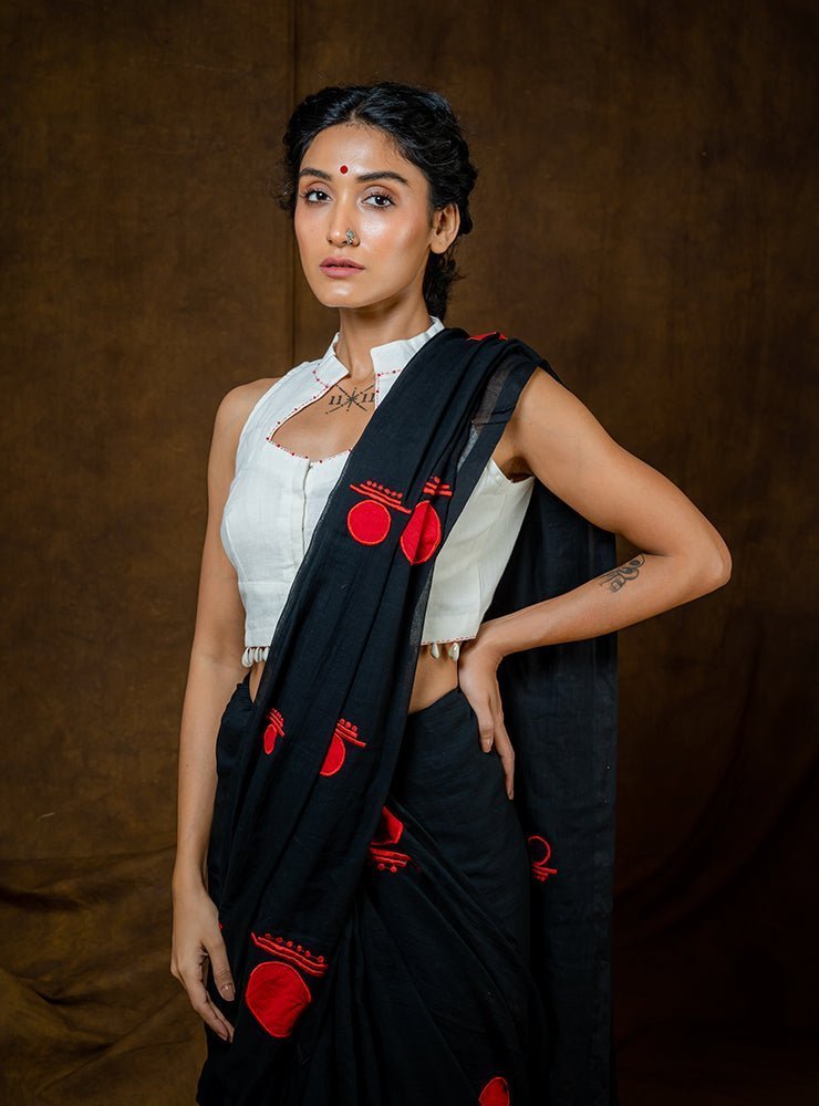 White Mul Cotton Bindi Saree - Prathaa - weaving traditions