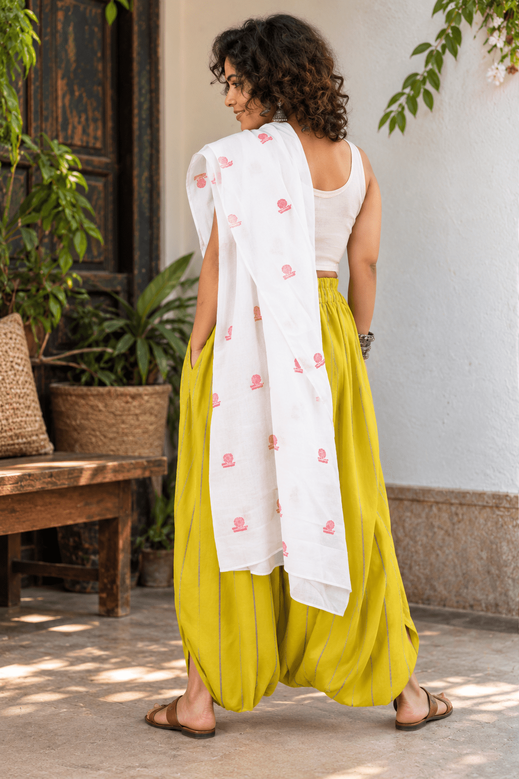 Yellow Khesh cotton bindi dhoti saree - Prathaa-weaving traditions