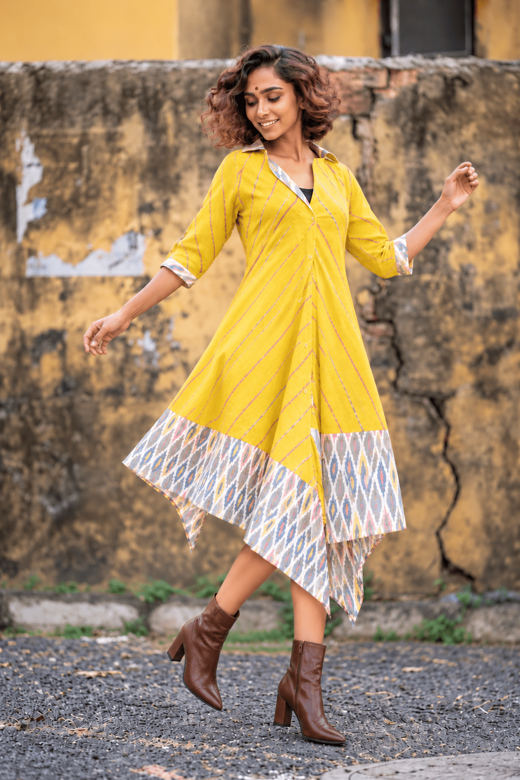 YEllow Khesh Cotton Euphoria Hiji Biji Shirt Dress - Prathaa-weaving traditions