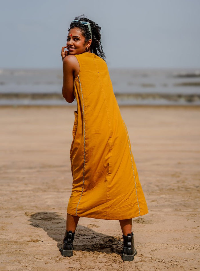 Sunshine Yellow Handloom Cotton A-Line Ziya Midi Dress thumbnail 2